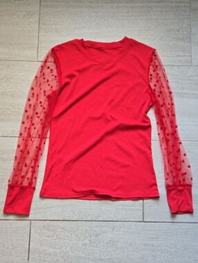 Women's Red Long Sleeve Top with Sheer Polka Dot Sleeves